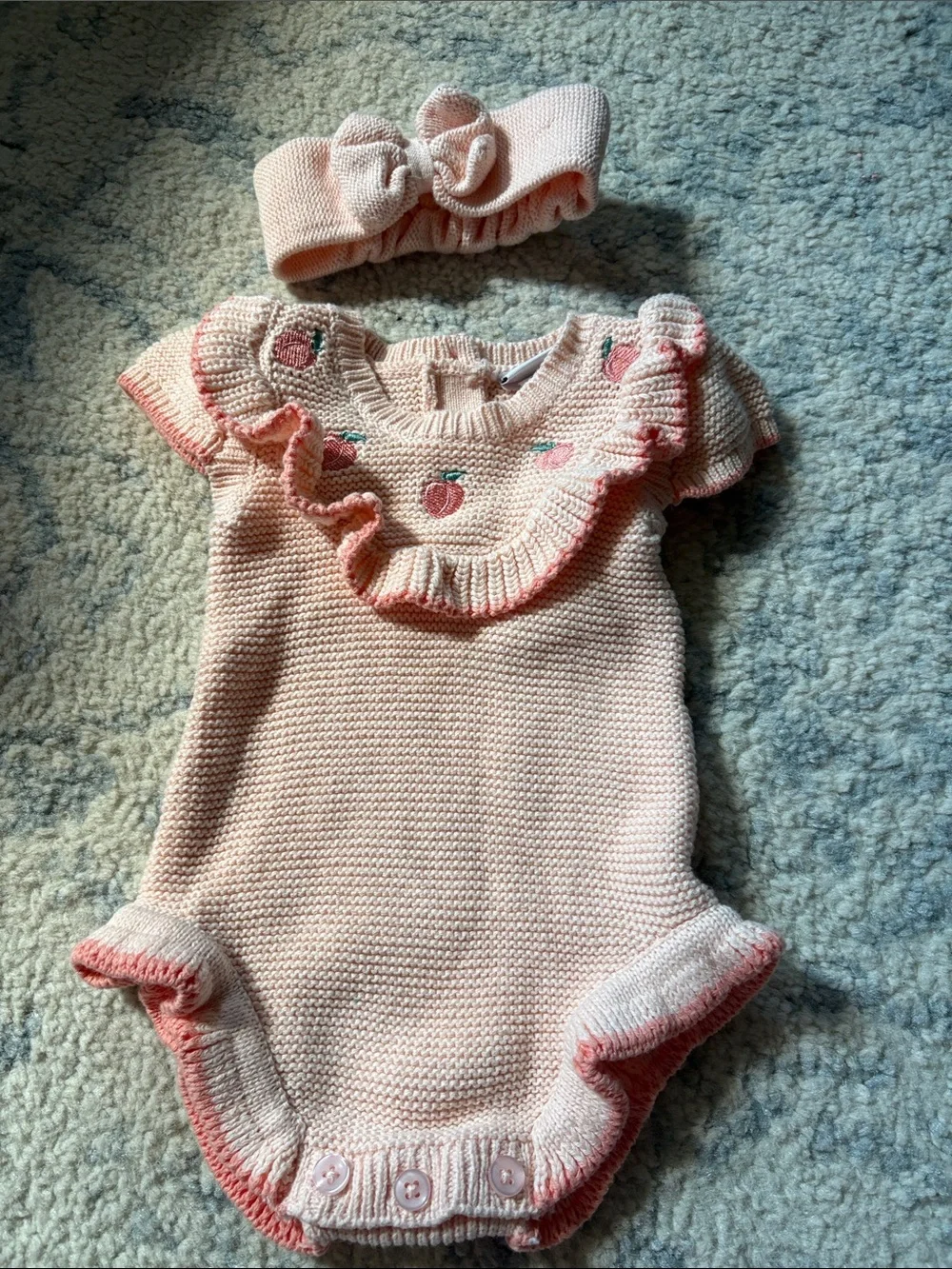 Nicole Miller Peach & Cream Floral Knit Bodysuit Set with Headband